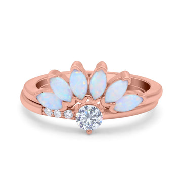 Two Piece Bridal Art Deco Wedding Ring Round Rose Tone, Simulated Cubic Zirconia 925 Sterling Silver